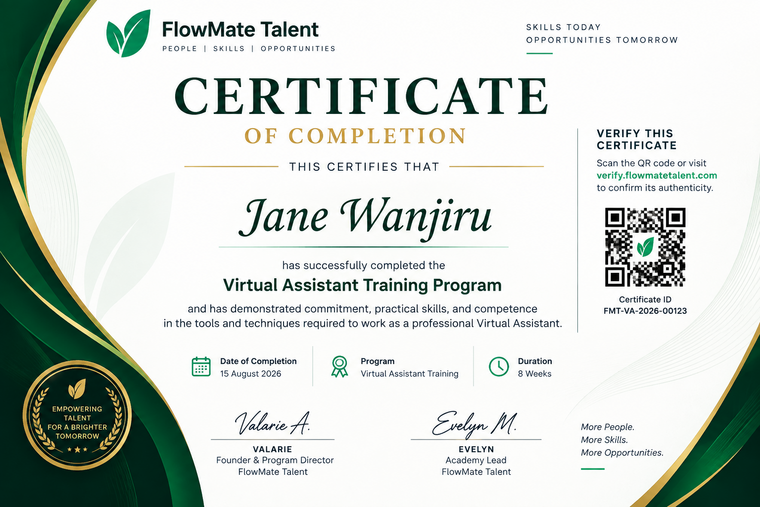 Generated FlowMate certificate with QR code